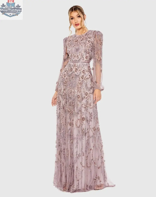 Elegant Threads evening gown with puff sleeves, A-line silhouette, and intricate embellishments for a sophisticated look.