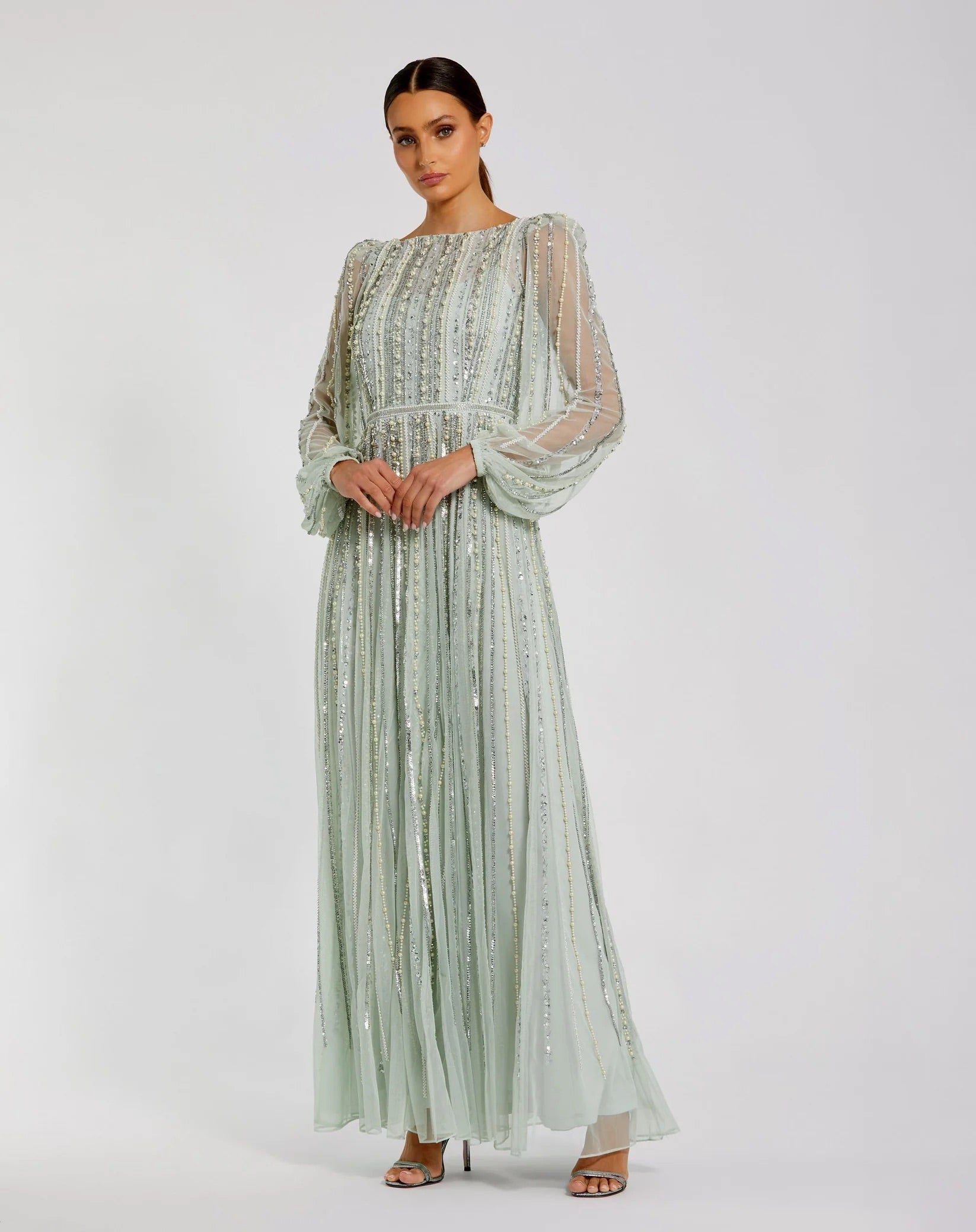Boat Neck Long Sleeve Gown With Striped Beading - Www.Shopthatapp.ca