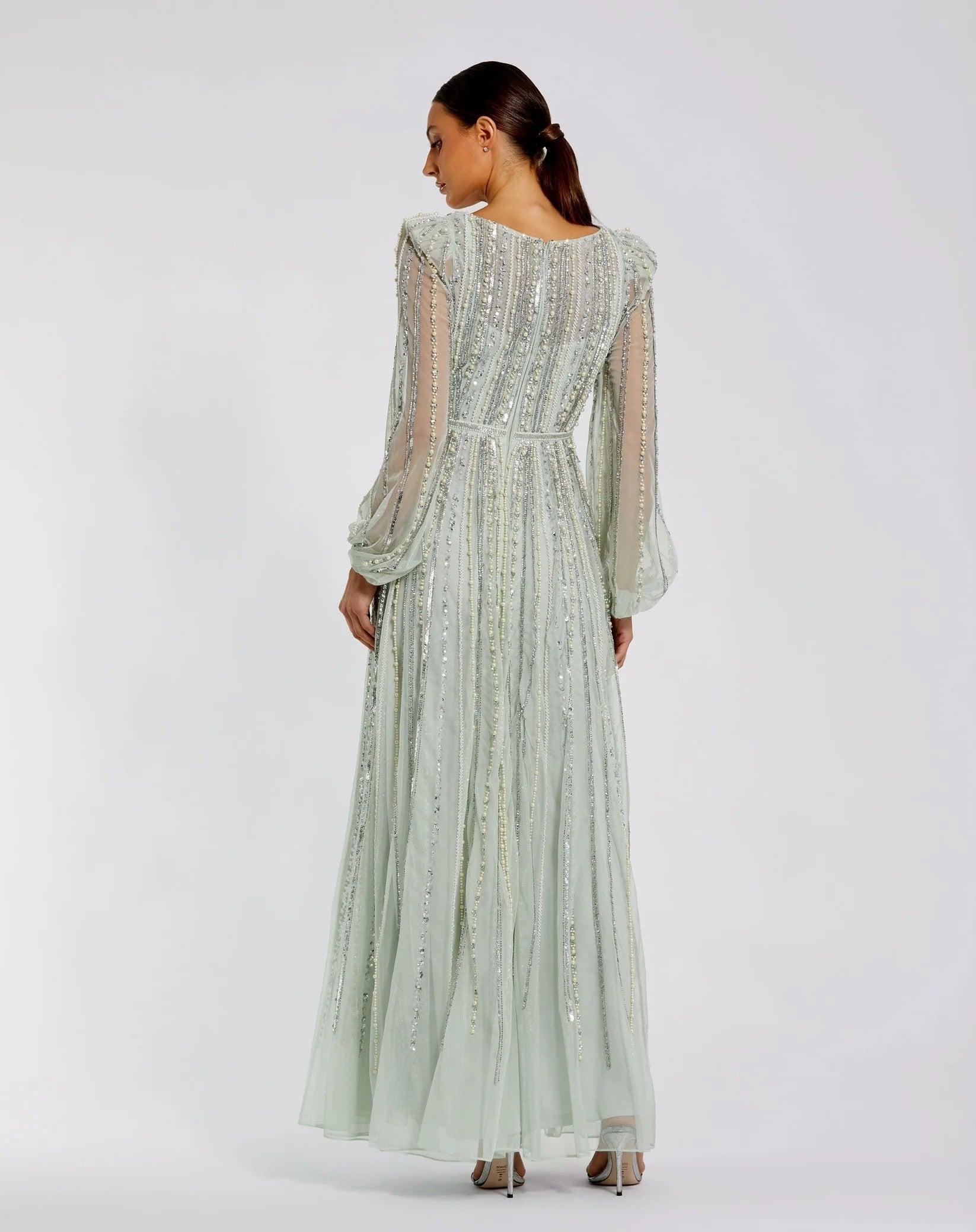 Boat Neck Long Sleeve Gown With Striped Beading - Www.Shopthatapp.ca