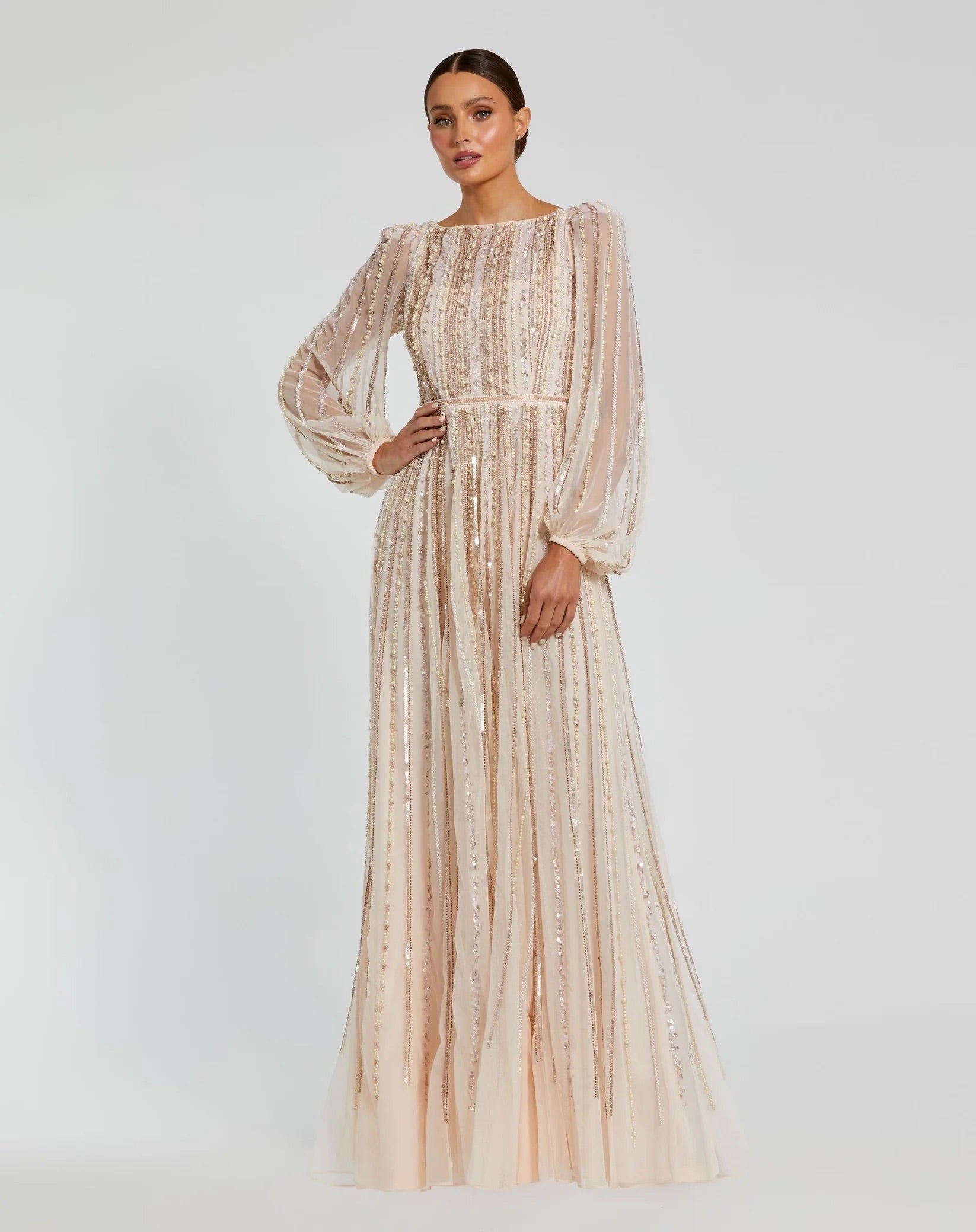 Boat Neck Long Sleeve Gown With Striped Beading - Www.Shopthatapp.ca