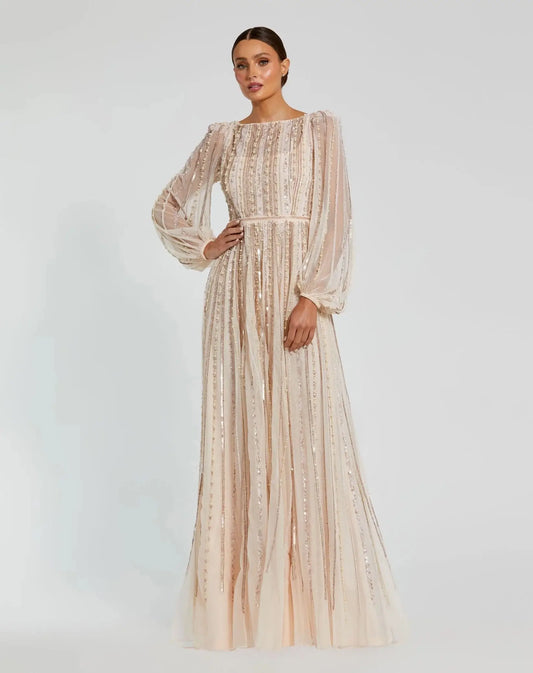 Peach boat neck long sleeve evening gown with striped beading by Elegant Threads, elegant formal dress for special occasions.