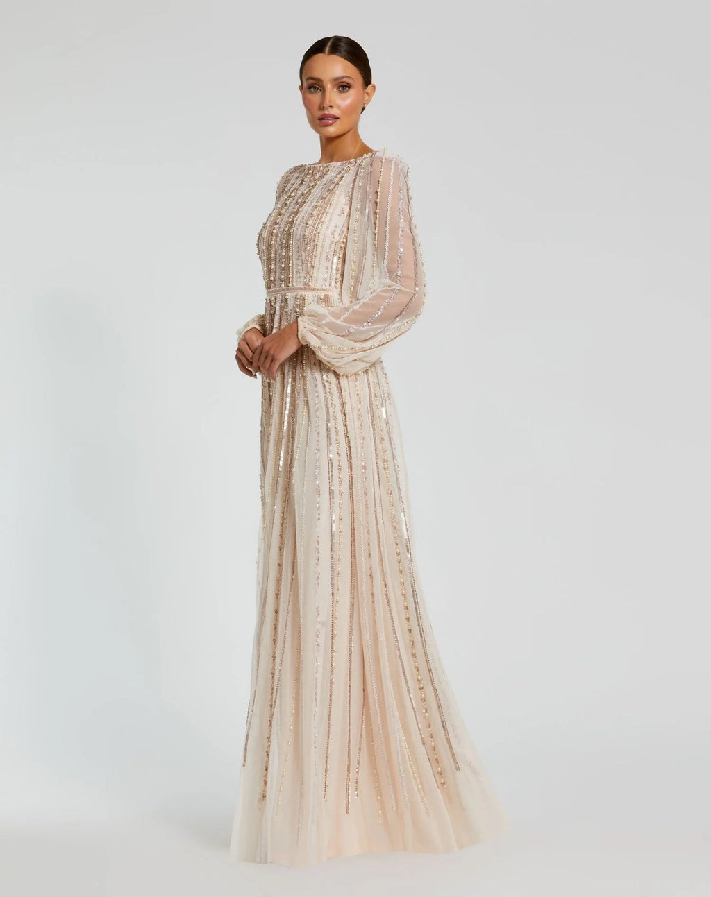 Boat Neck Long Sleeve Gown With Striped Beading - Www.Shopthatapp.ca