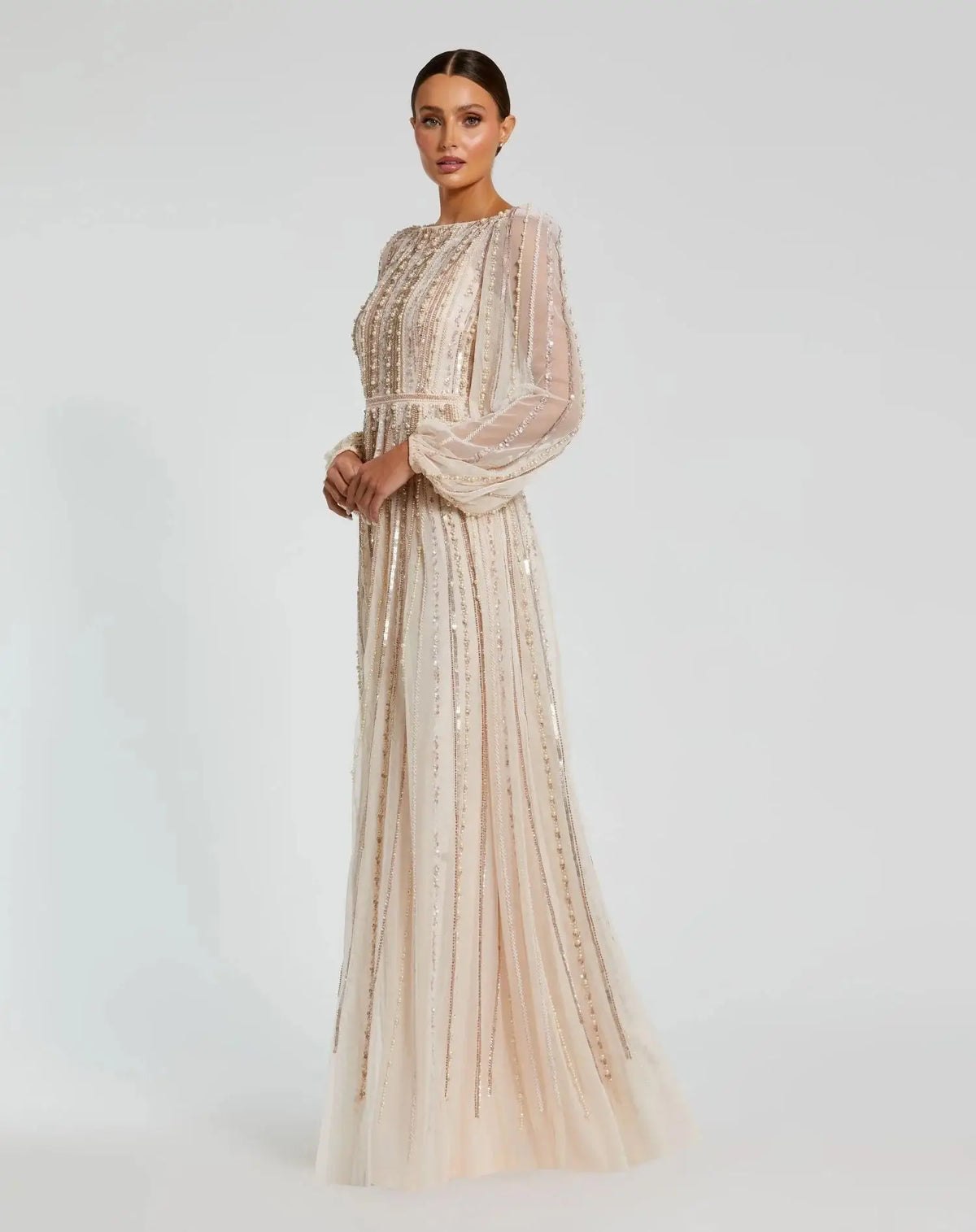 Peach boat neck long sleeve evening gown with striped beading from Elegant Threads, elegant and stylish formal dress.