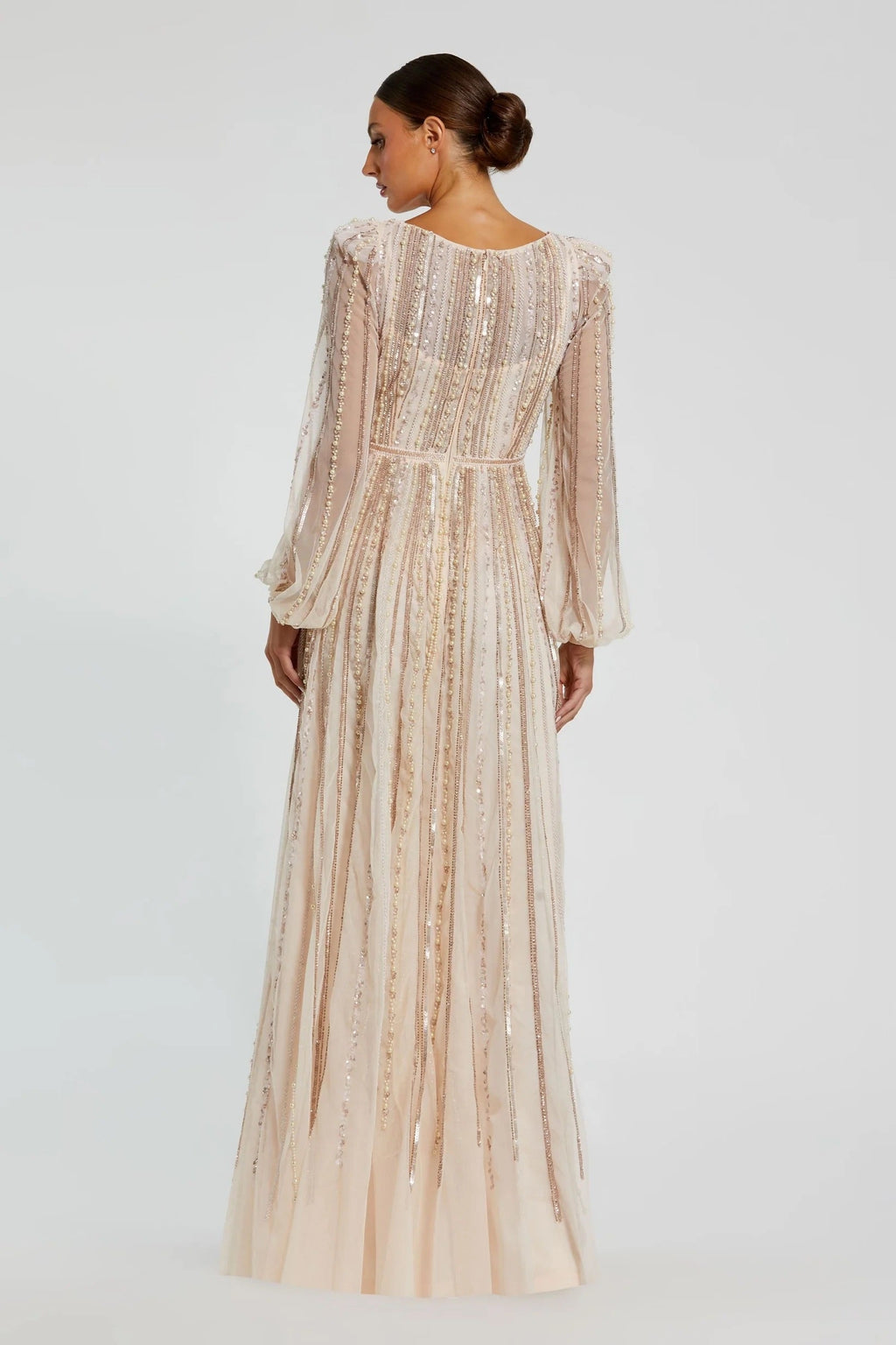 Boat Neck Long Sleeve Gown With Striped Beading - Www.Shopthatapp.ca