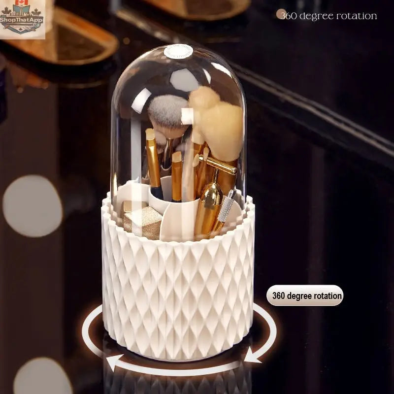 Transparent 360 rotating makeup brush organizer with large capacity, showcasing multiple brushes stored inside.