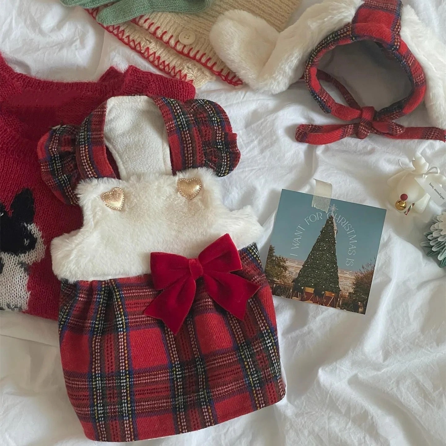 Winter Dog Dress with Hat - Red Plaid Bunny Dress for Dogs - Shopthatapp.ca