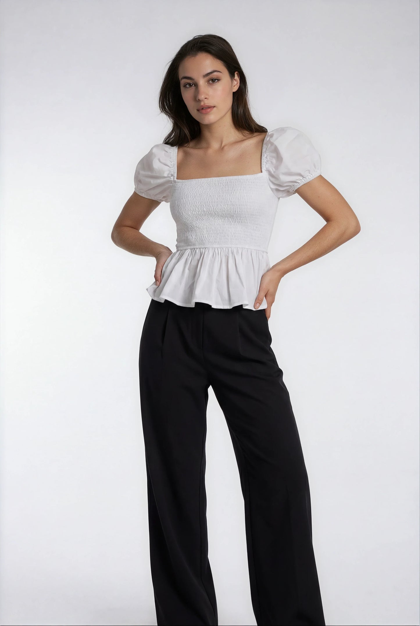Sera Cotton Poplin Puff Sleeve Blouse Top in White - Elegant Peplum Design - Shopthatapp.ca