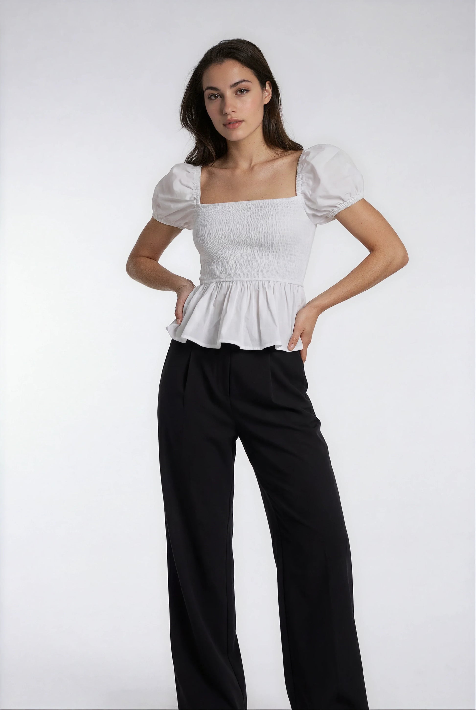 Sera Cotton Poplin Puff Sleeve Blouse Top in White - Elegant Peplum Design - Shopthatapp.ca