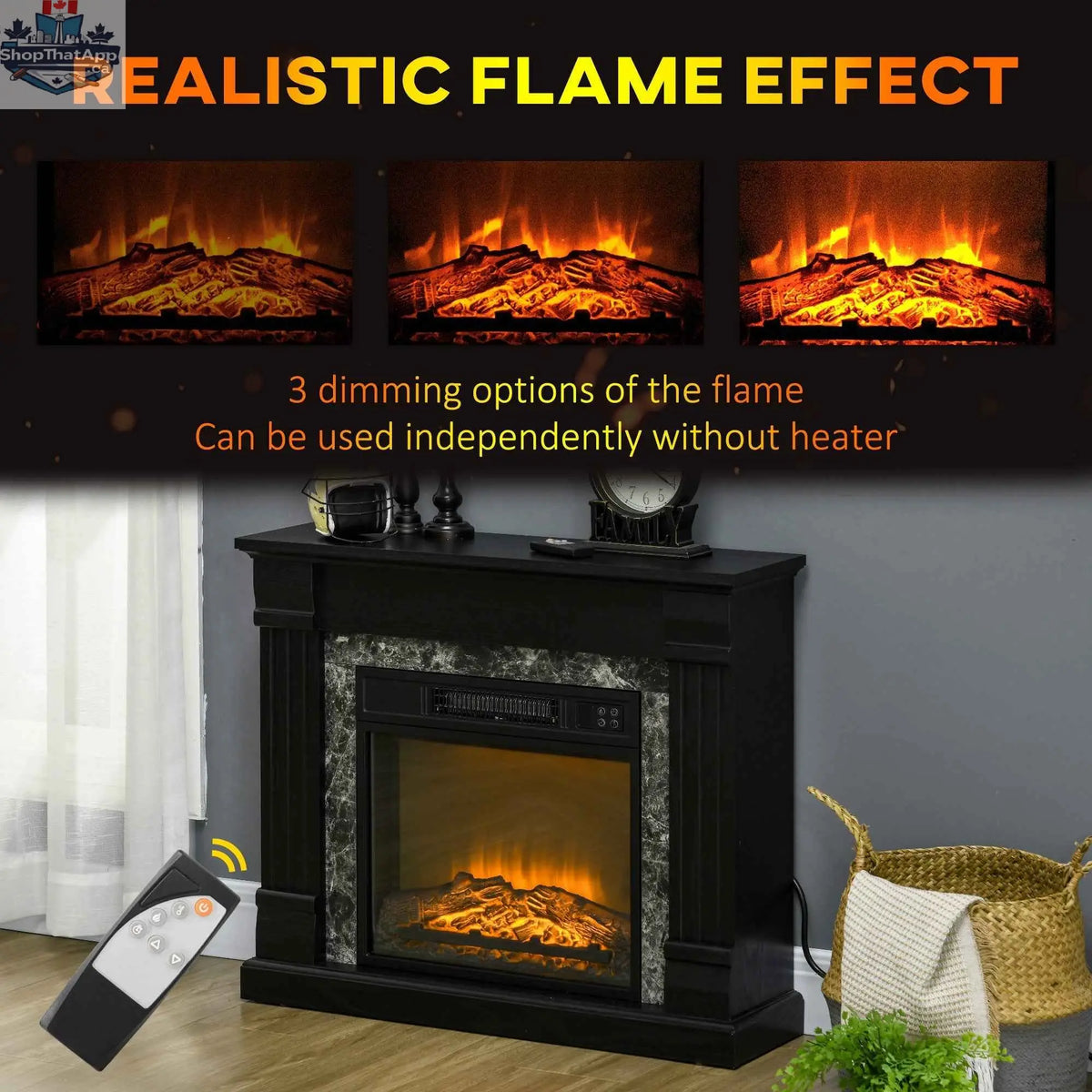Black freestanding electric fireplace heater with wood surround and overheating protection by SLOTH Nation, suitable for home décor.