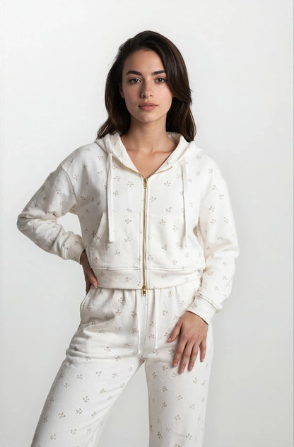 Camille Cotton Floral Zip Hoodie Jogger Set 2PC Leisure Outfit - Shopthatapp.ca