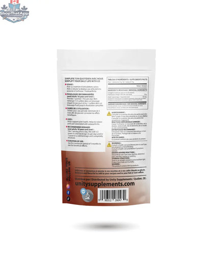 Unity Chocolate Collagen creamer by BulkBully Supplements, showing the collagen powder container for skin health and joint flexibility.