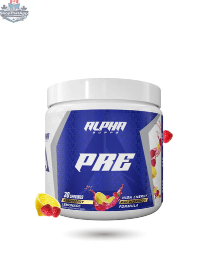 BulkBully Supplements Alpha Supps Pre-Workout powder in a vibrant container with scoop, designed to boost energy and focus during workouts.