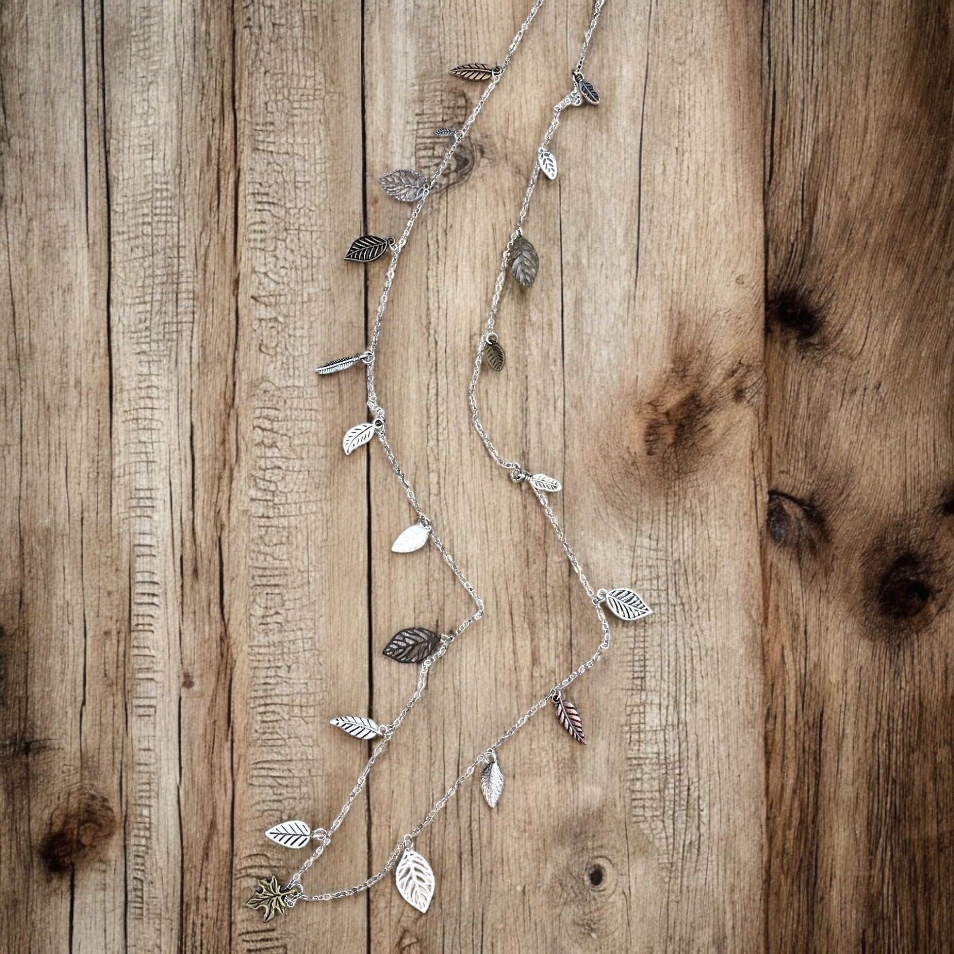 Waterfall Leaf Necklace – Long Layering Chain with Cascading Silver & Mixed Metal Leaves - Shopthatapp.ca