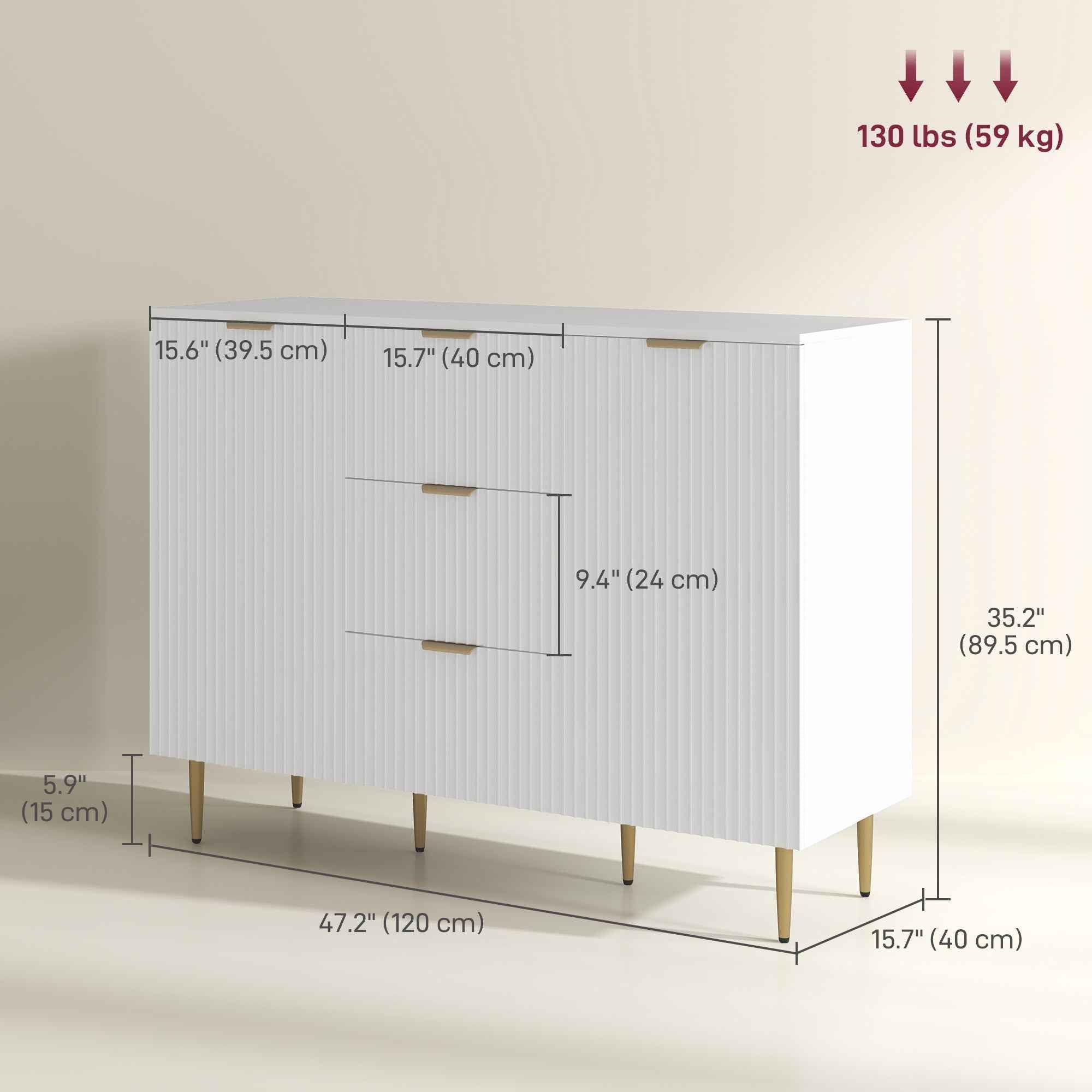 Ellis Modern Kitchen Buffet/Hallway Cabinet with 3 Drawers-White