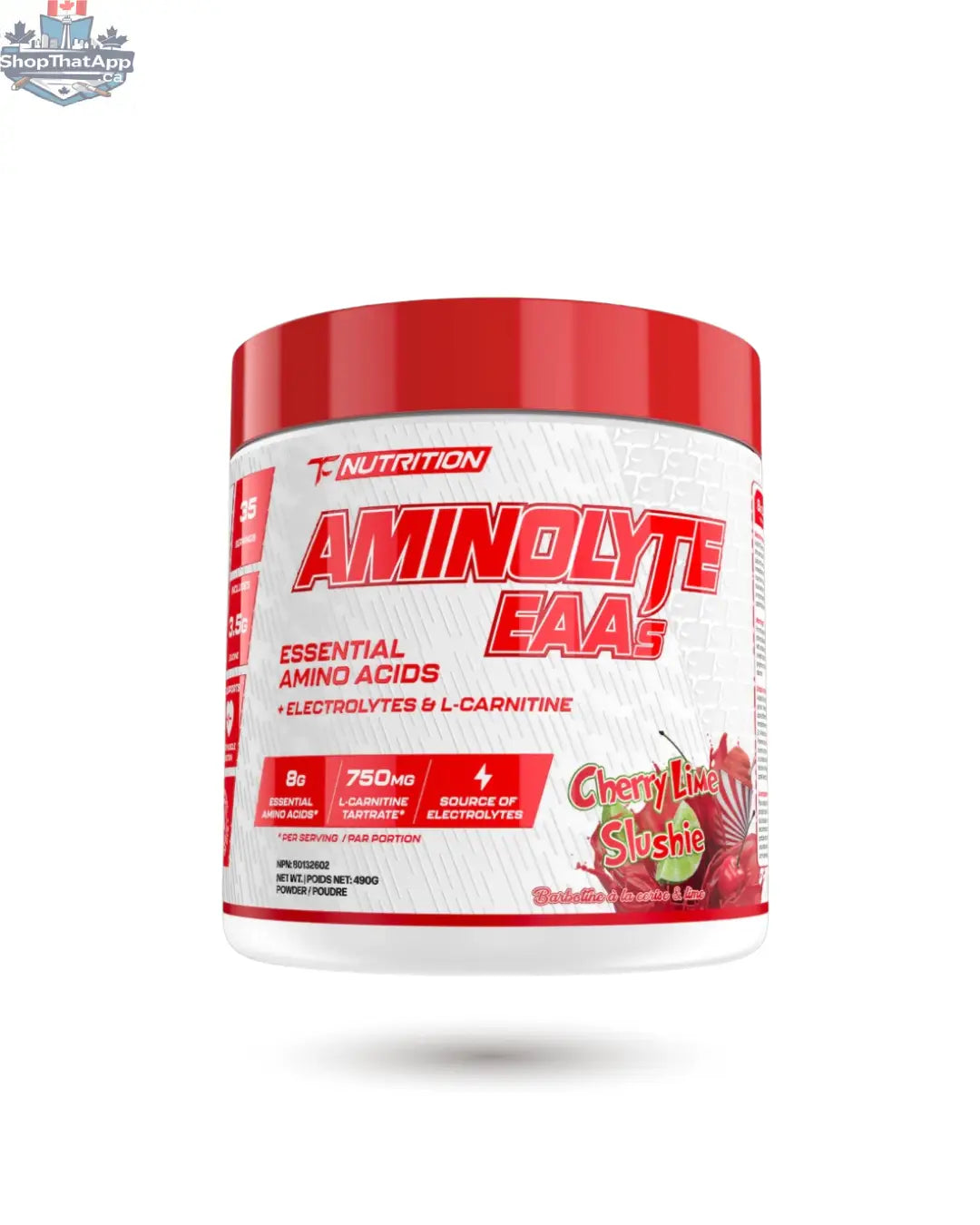 TC Nutrition Aminolyte EAAs and electrolytes hydration supplement in a clear jar with scoop, designed for workout recovery and hydration.