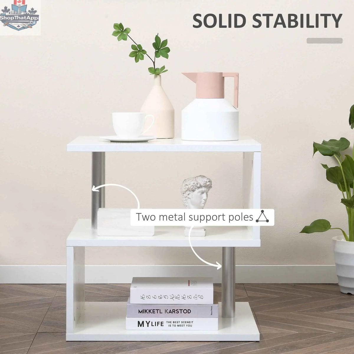 Caelan wooden S-shape end table by SLOTH Nation with white finish and three-tier storage shelves.