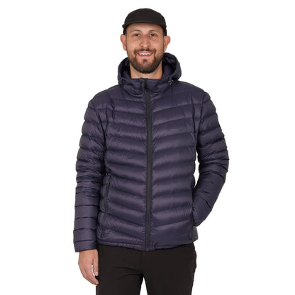 Northern Sun packable down jacket, lightweight and insulated, shown folded with the jacket partially unzipped revealing its warm interior.