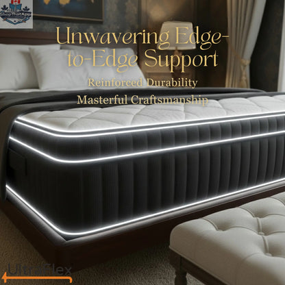 UltraFlex Opulence Hybrid Mattress showcasing a medium-firm orthopedic design with cooling gel layers and pocket coil system.