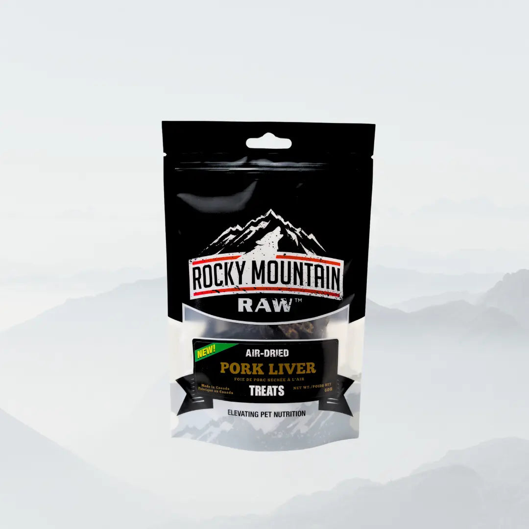 Rocky Mountain Raw pork liver treats in a 60g package, showing fresh, natural pork liver pieces for dogs.