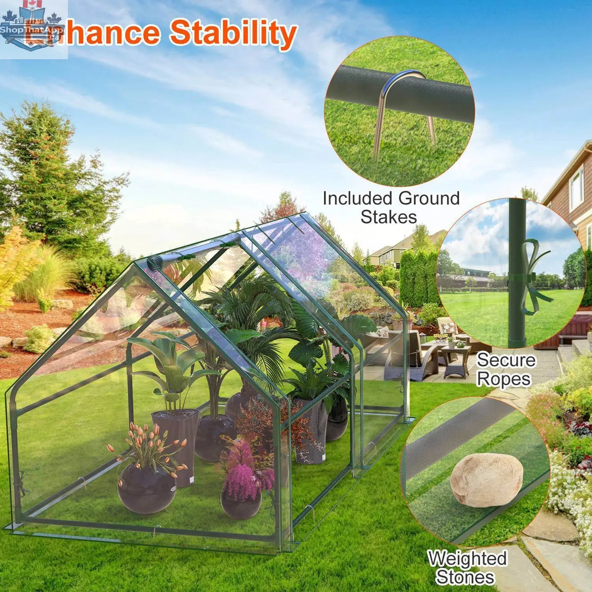 Portable mini greenhouse with waterproof UV-resistant PVC cover, roll-up zipper doors, suitable for indoor or outdoor gardening.