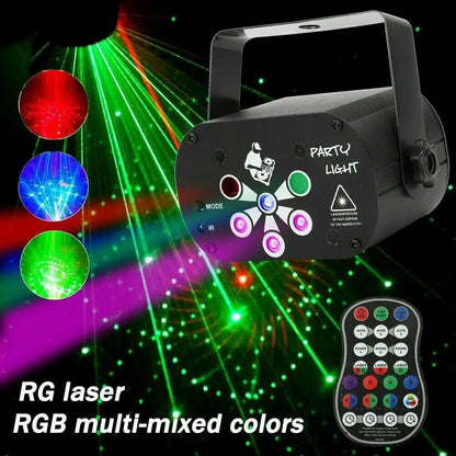 RGB LED disco party laser projector with 480 patterns, suitable for DJ, club, and stage lighting, featuring vibrant colorful effects.