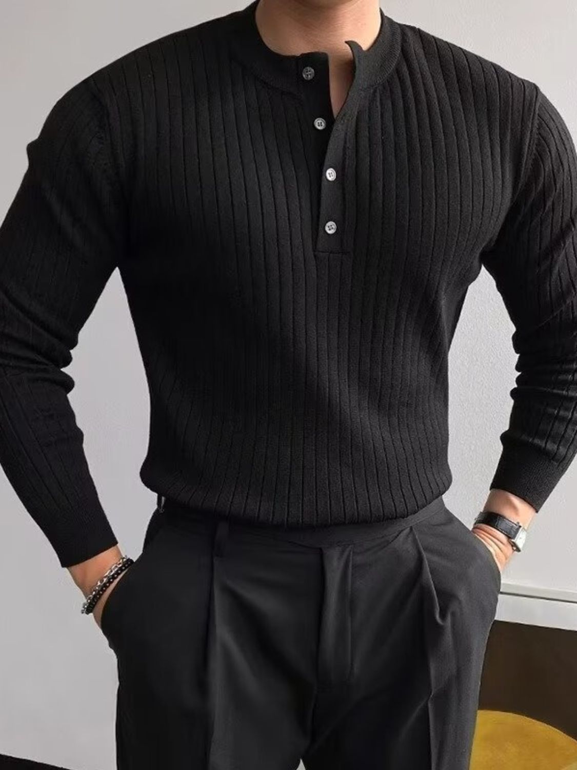 Button Detail Ribbed Knit Top for Men - Stylish Long Sleeve Design - Shopthatapp.ca