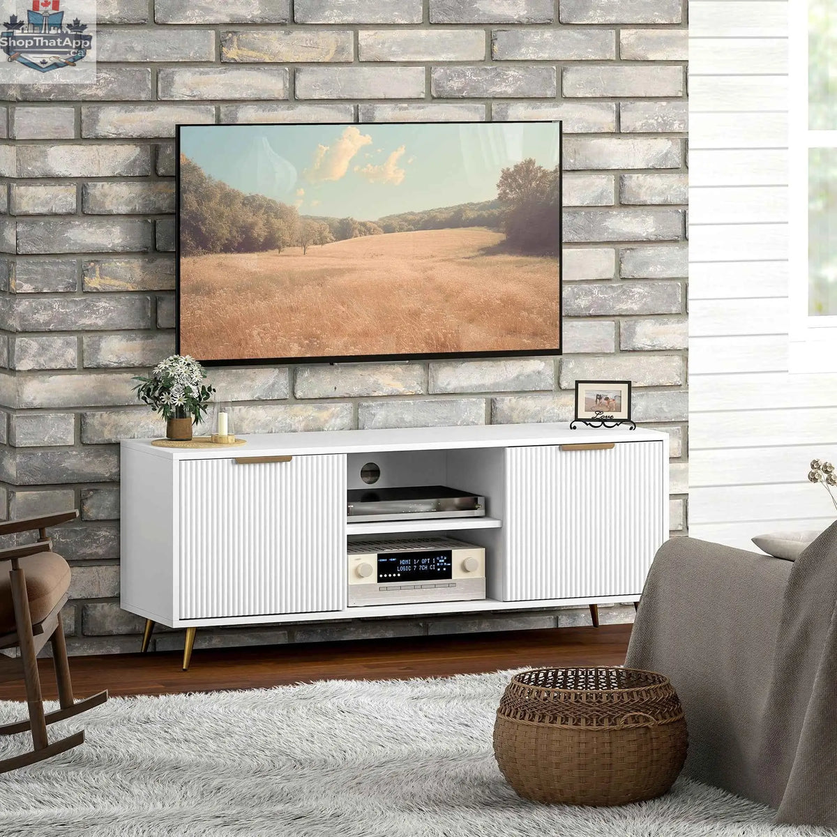 White Collins modern TV stand by SLOTH Nation designed for up to 55-inch TVs, featuring a sleek, contemporary living room furniture style.