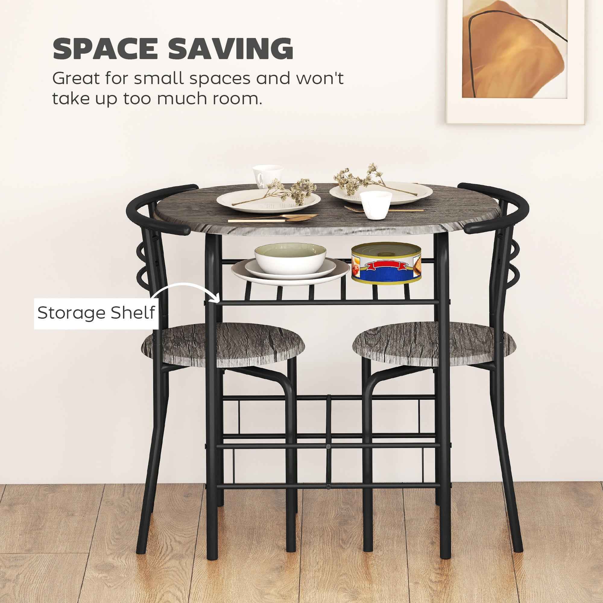 Foden 3-Piece Dining Set with Shelf, for Small Spaces-Dark Grey