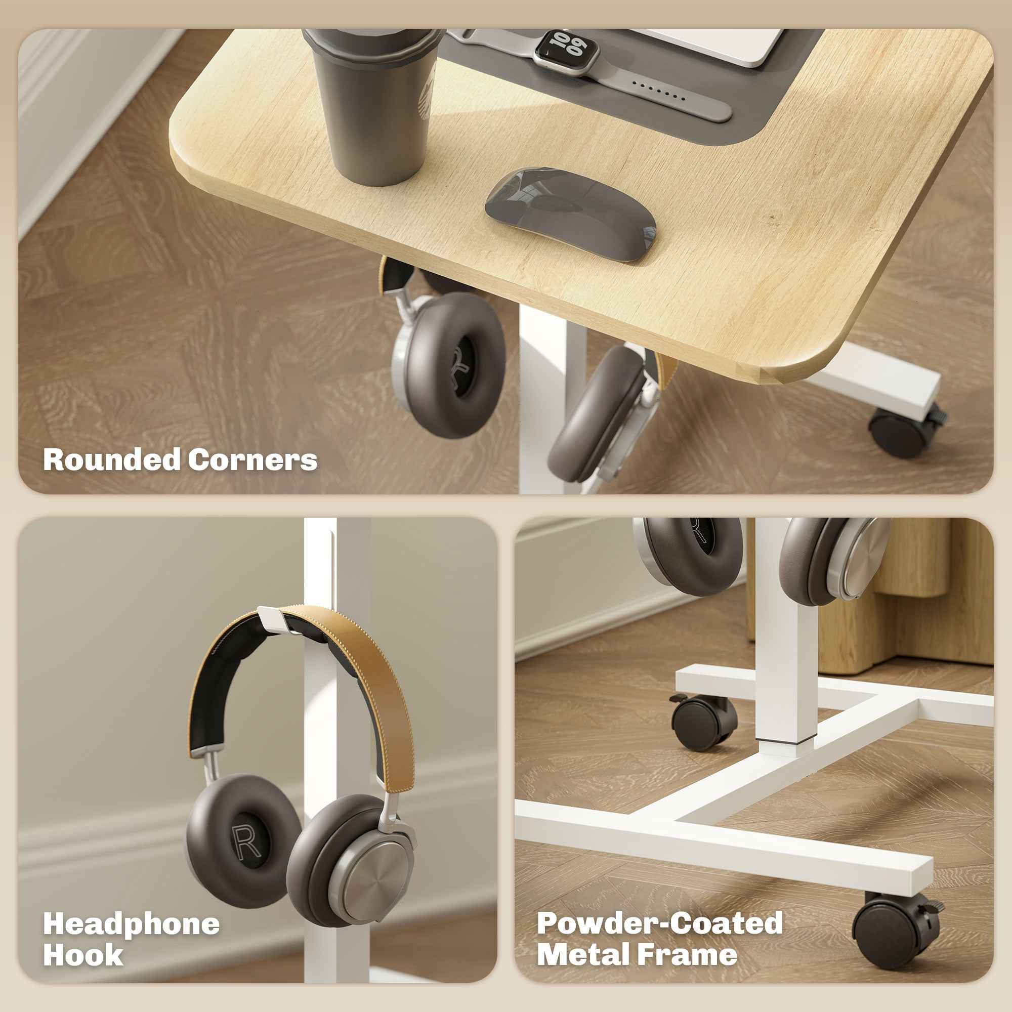 Eden Height Adjustable Standing Desk with Wheels and Headphone Hook-Natural
