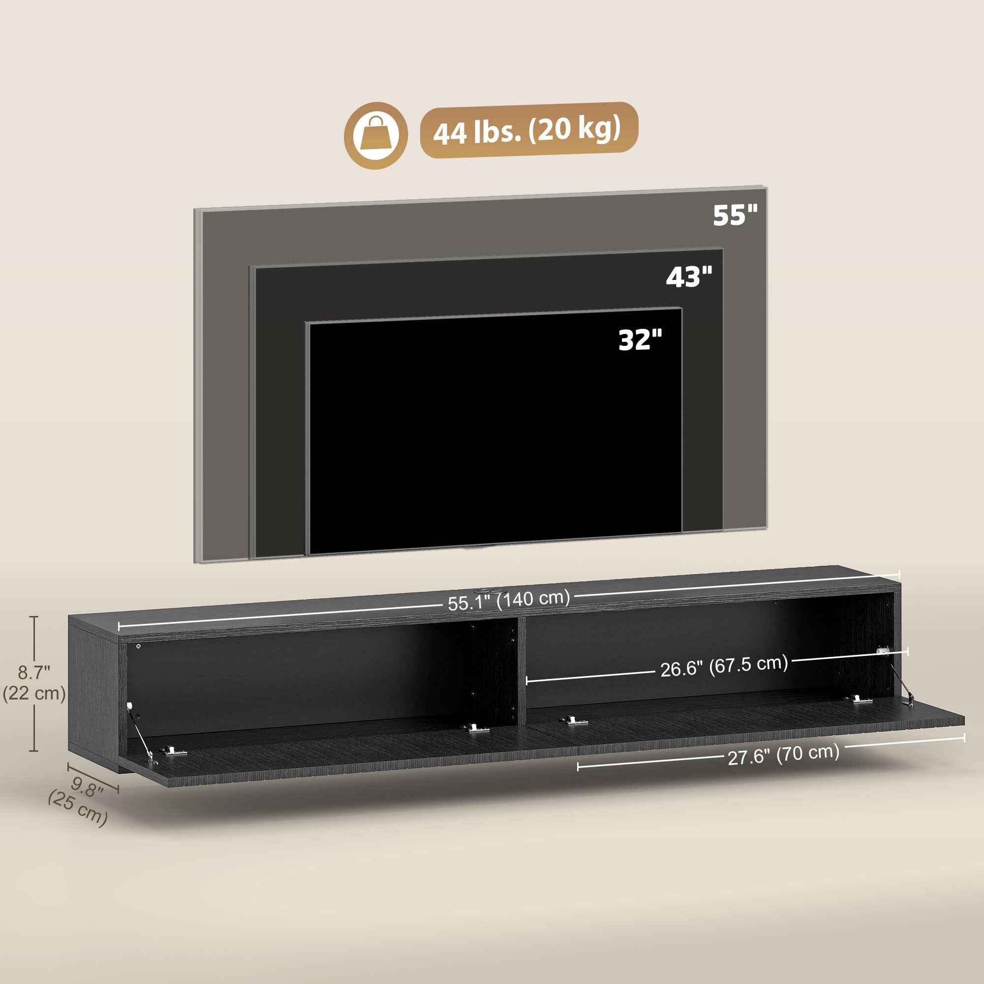 Jesse 55" Floating TV Stand with 2 Fluted Flip-Down Doors for TVs up to 72"-Black