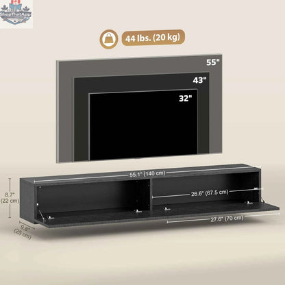 Black Jesse 55-inch floating TV stand with flip-down doors, designed for TVs up to 72 inches, by SLOTH Nation.