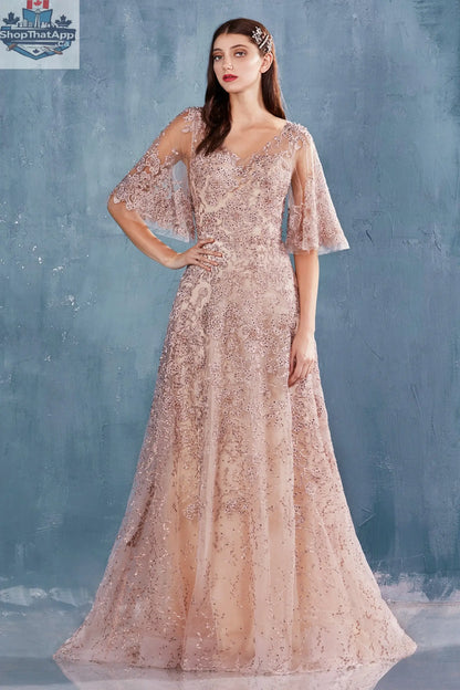 Elegant Threads Doris evening gown featuring a flowing silhouette and intricate detailing in a sophisticated design.