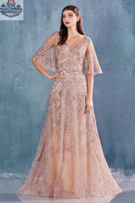 Elegant Threads Doris evening gown featuring a flowing silhouette and intricate detailing in a sophisticated design.