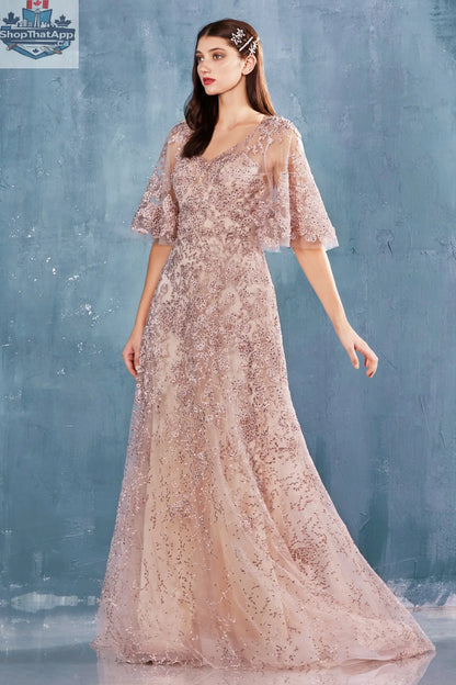 Elegant Threads Doris evening gown displayed on a mannequin, featuring a flowing fabric and intricate design for formal occasions.