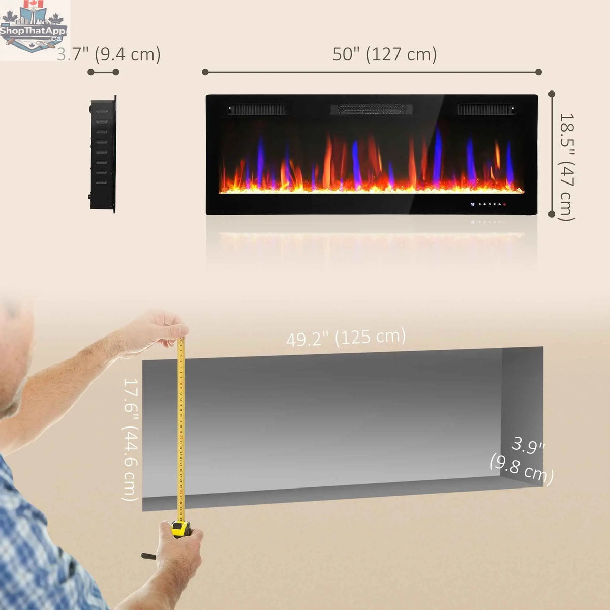 SLOTH Nation Marley electric fireplace heater, 50-inch slim freestanding or wall-mounted unit with eco mode, for modern home décor.