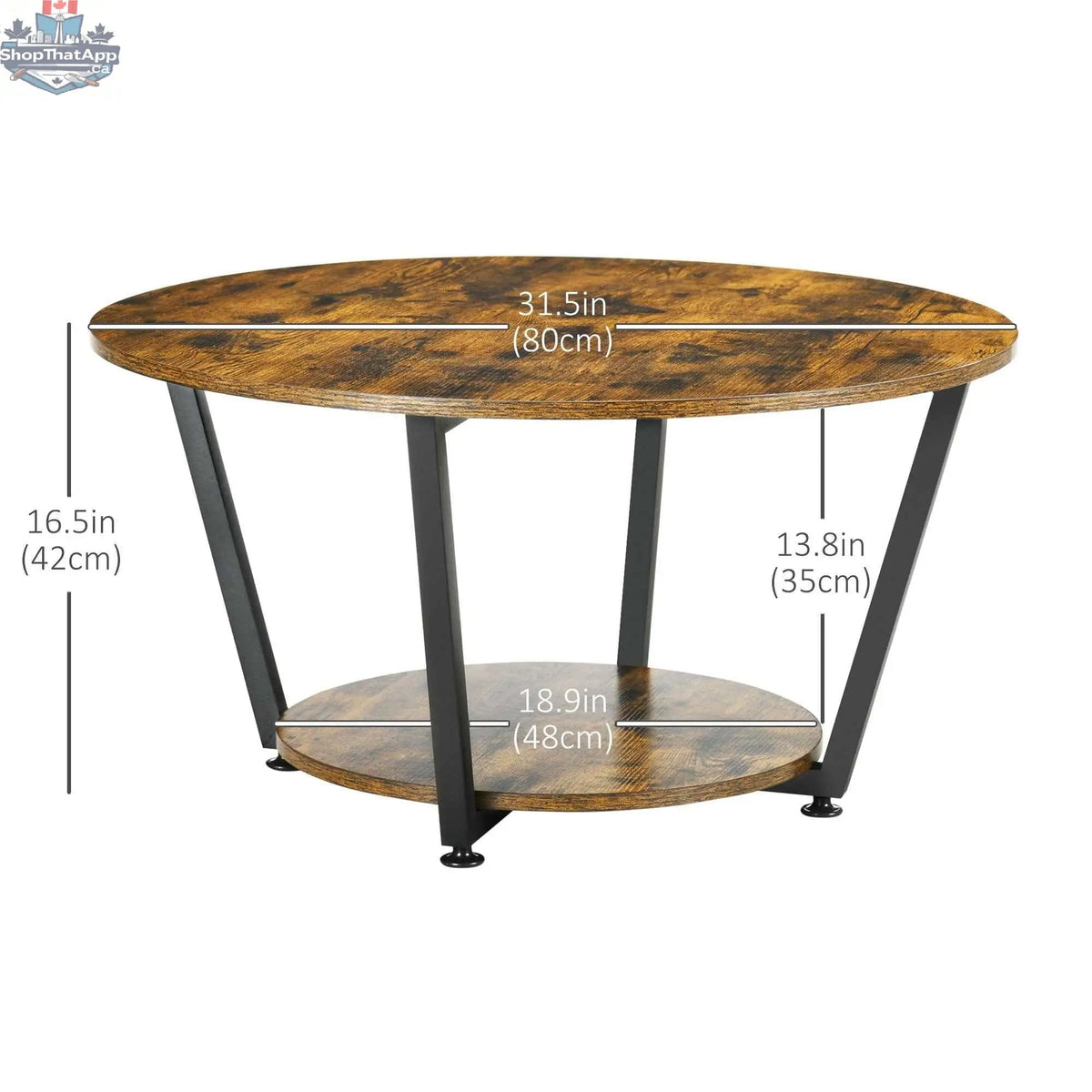 Rustic brown round coffee table with storage shelf from SLOTH Nation, showcasing a sturdy wooden finish and functional design.