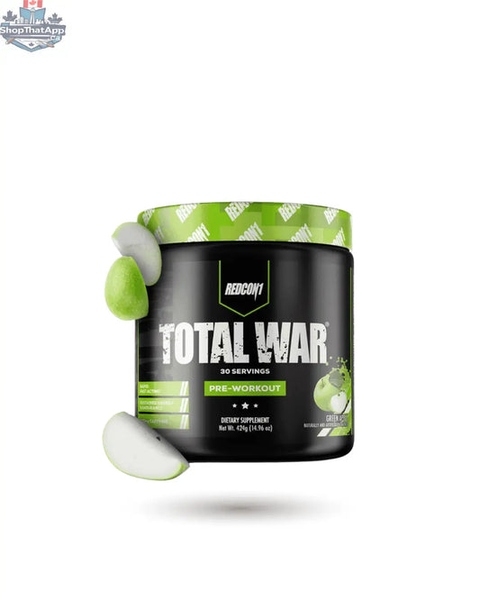 Redcon1 Total War pre-workout supplement by BulkBully Supplements with vibrant packaging, designed for energy and focus.