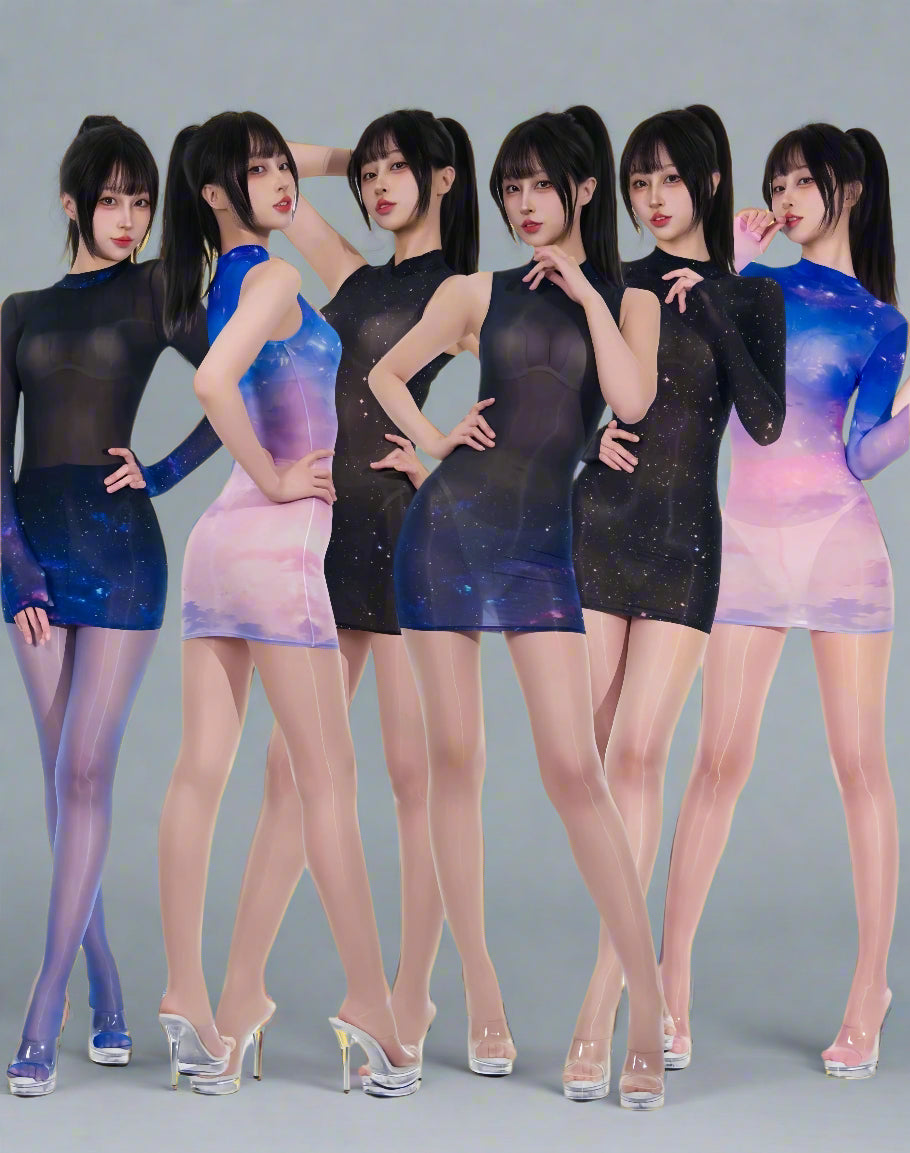 Sheer Spandex 10D Nylon Short Dress See Through Galaxy Lingerie Dress - Shopthatapp.ca