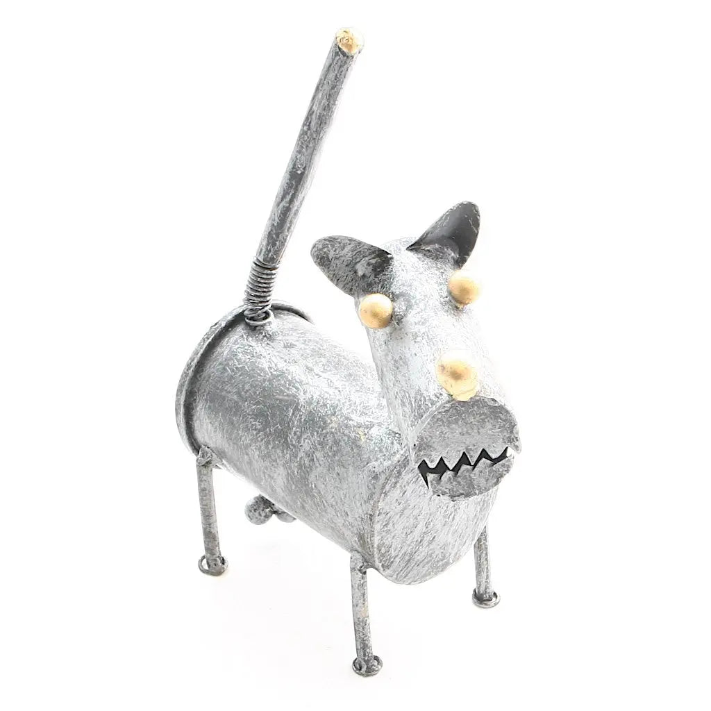 Metal dog sculpture with balls, unique garden art decor by Suzie Blue Canada, suitable for outdoor home garden decoration.