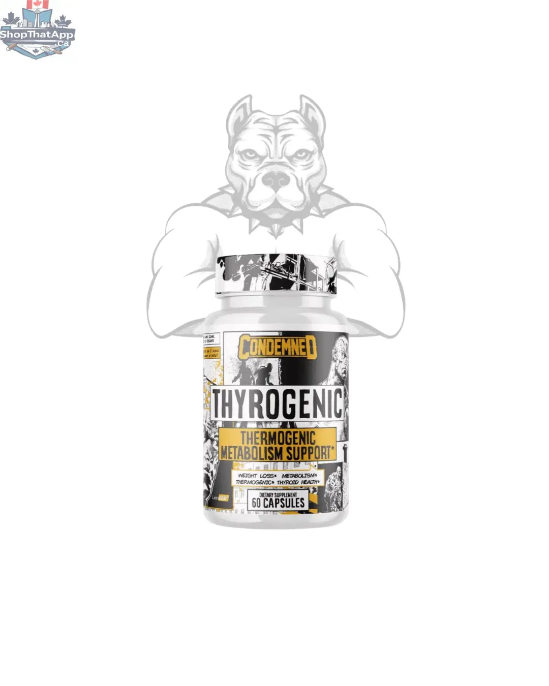 Essentials Condemned Thyrogenic Stimulant-Free Thyroid Support supplement bottle with label, natural ingredients, and supplement details.
