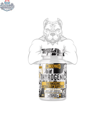 Essentials Condemned Thyrogenic Stimulant-Free Thyroid Support supplement bottle with label, natural ingredients, and supplement details.