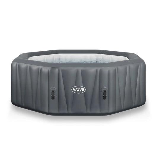 Aqua Zoppinh Wave Aegean 6-person octagon inflatable hot tub with built-in heater, showcasing water and seating inside.