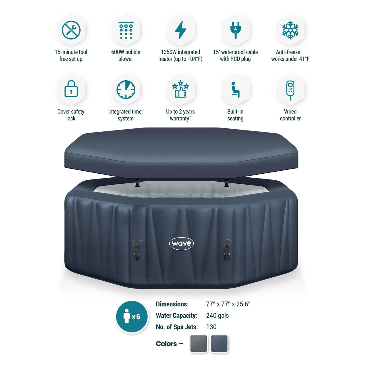 Aqua blue Zoppinh Wave Aegean 6-person inflatable hot tub with octagon shape and integrated heater, shown filled with water.