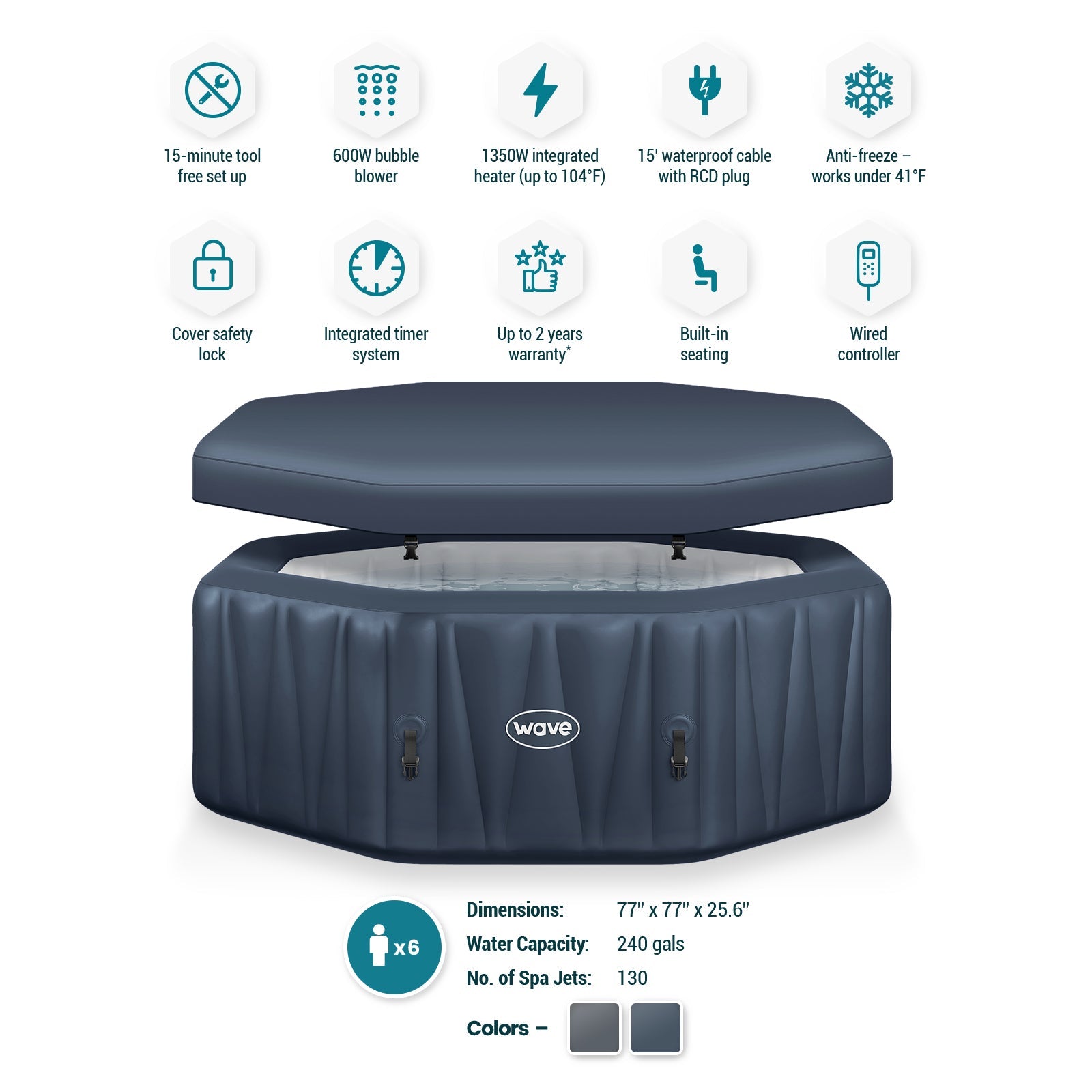 Wave | Aegean | 6-Person Inflatable Hot Tub | Octagon | Integrated Heater - Www.Shopthatapp.ca