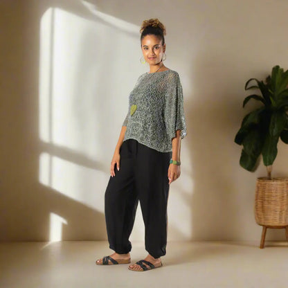 Grey popcorn knit top by Suzie Blue Canada, close-up of soft textured fabric and classic neckline.