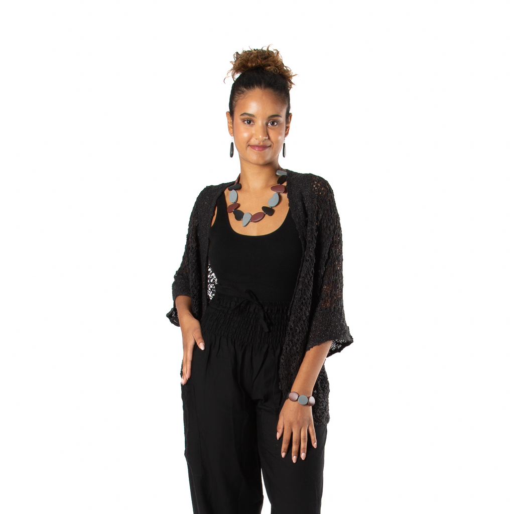 Popcorn Knit Cardigan in Charcoal Black - Cozy Short Sleeve Essential for Everyday Style - Shopthatapp.ca