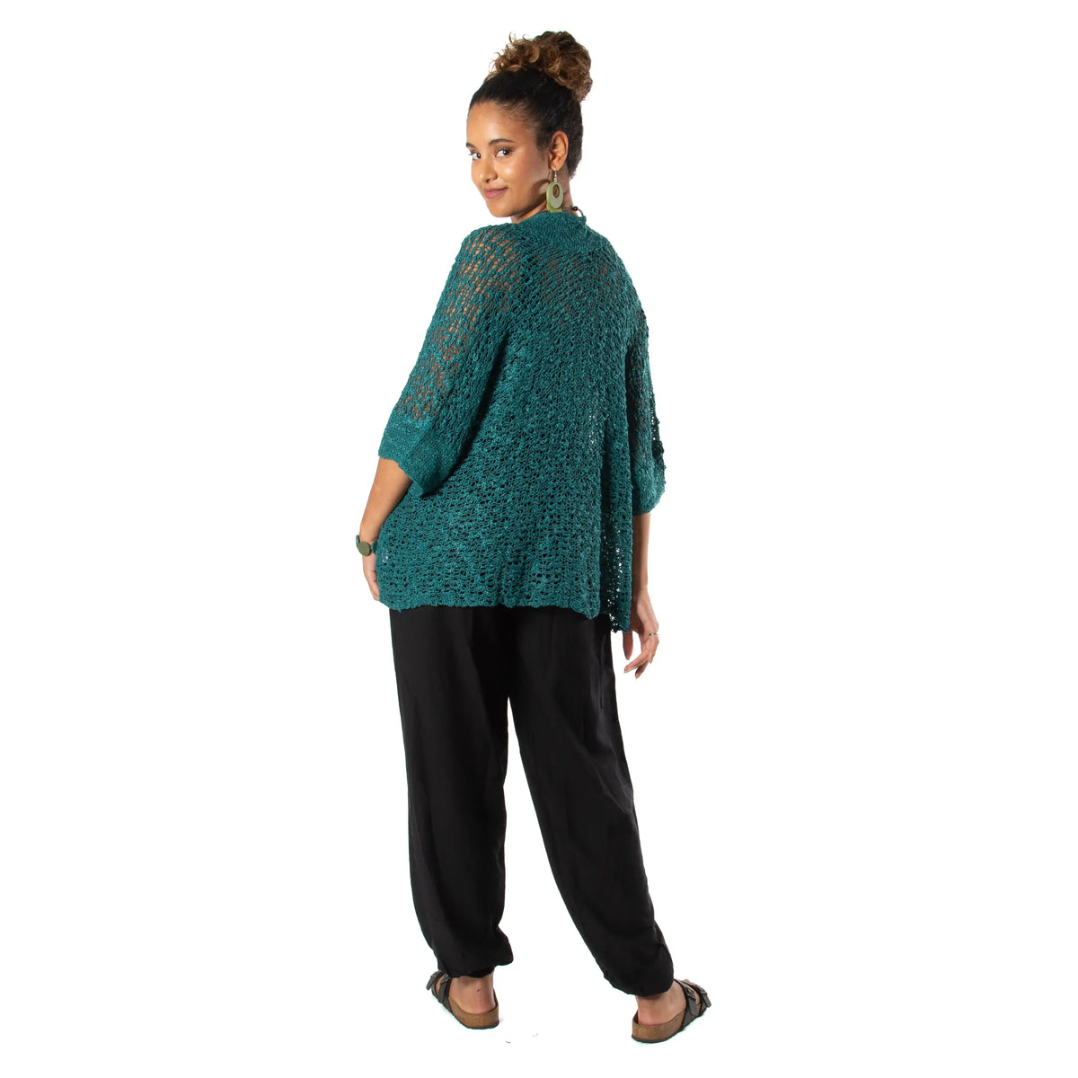 Jade green Popcorn Knit Cardigan by Suzie Blue Canada with short sleeves, featuring a textured popcorn knit pattern.