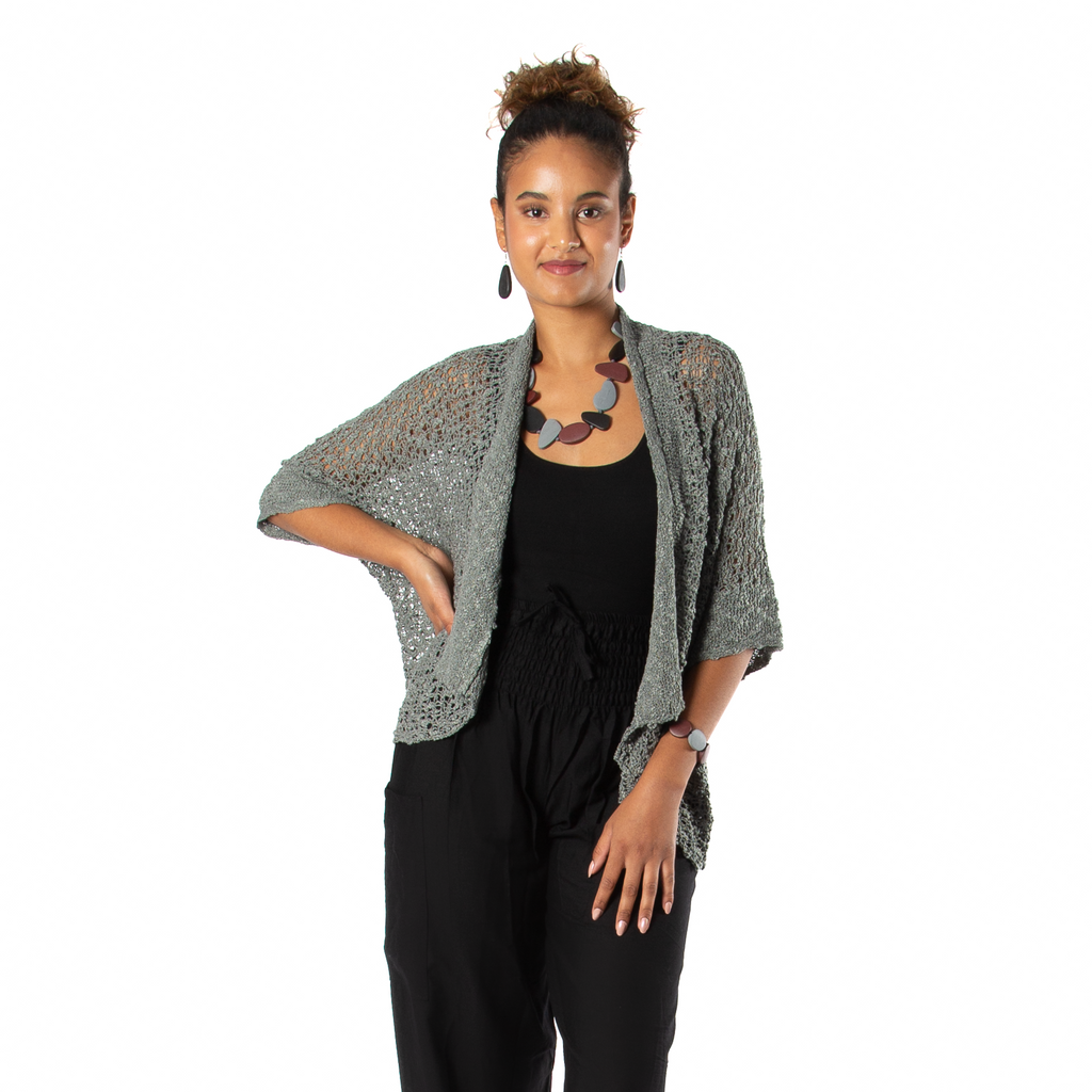 Popcorn Knit Cardigan Grey - Short Sleeve Cozy Layering Essential - Shopthatapp.ca