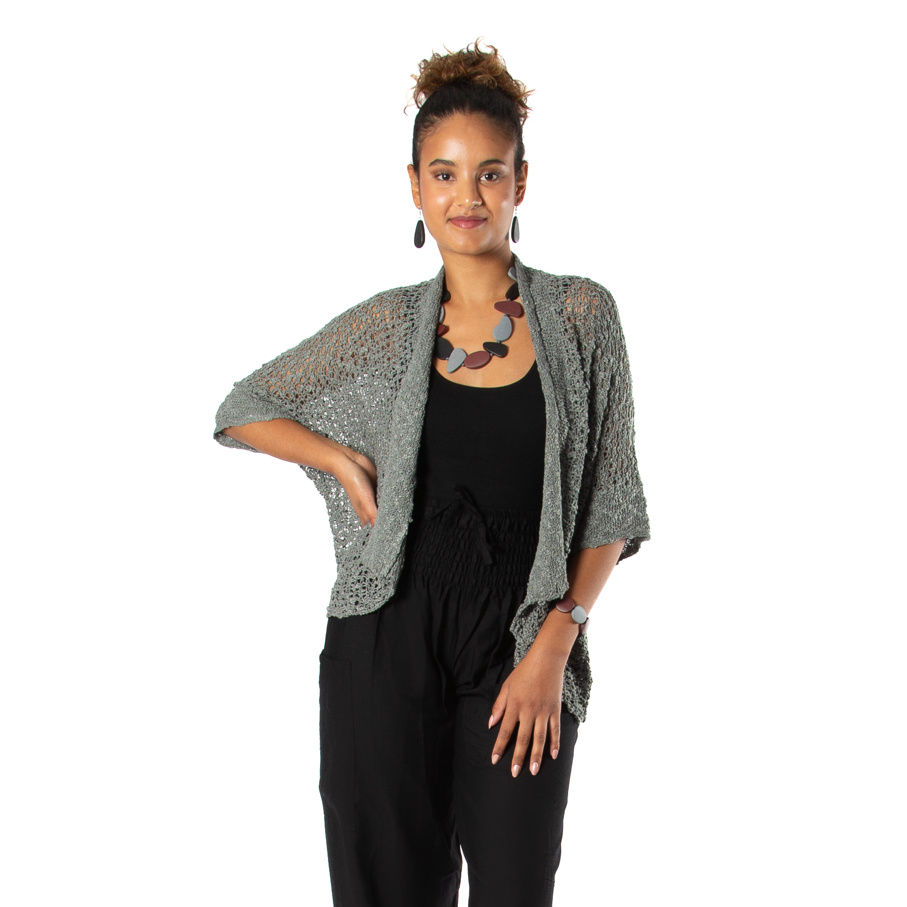 Popcorn Knit Cardigan Grey - Short Sleeve Cozy Layering Essential - Shopthatapp.ca