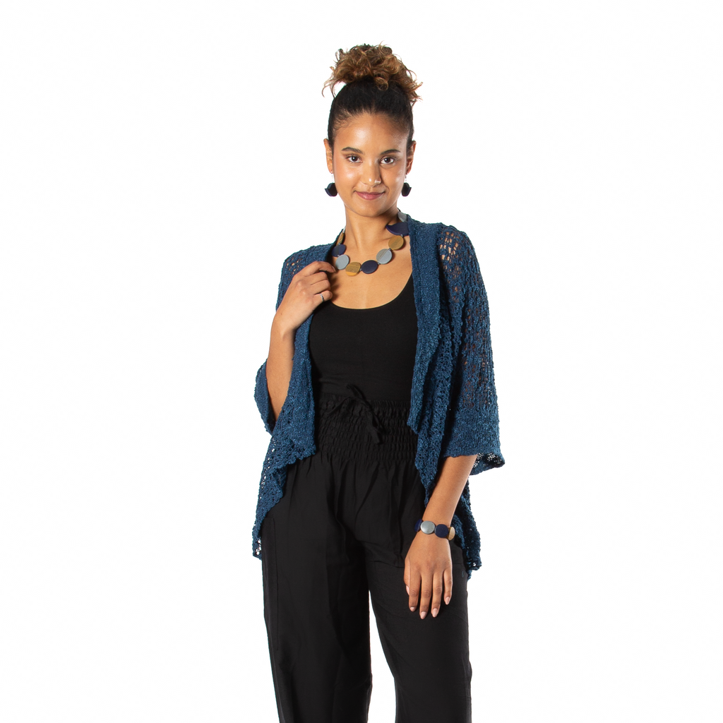 Navy Blue Popcorn Knit Cardigan - Short Sleeve Style - Shopthatapp.ca